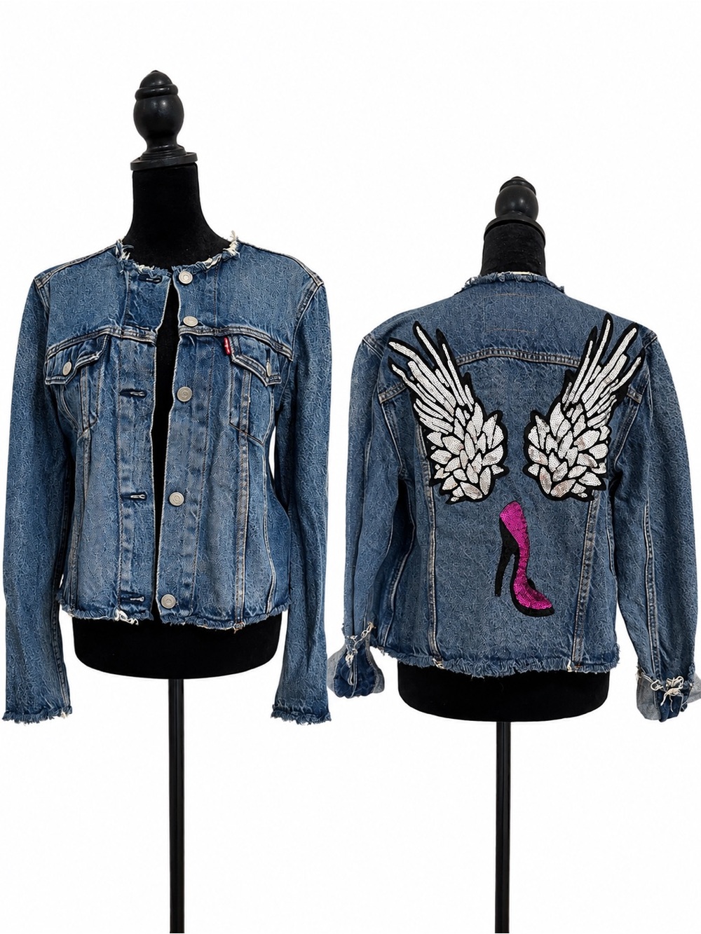 Levi's Blue Denim Jacket with White Wing Embroidery & Pink Heel Patch